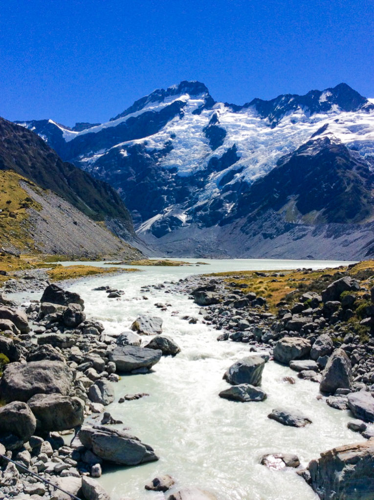 glacier river running from mountains