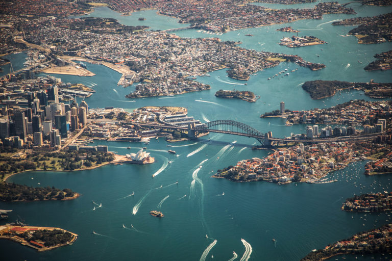 Ariel perspective of Sydney from helicopter